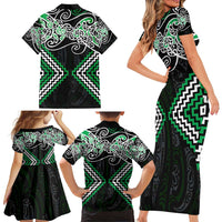 Green Aotearoa Tukutuku Manawa Tapu Family Matching Short Sleeve Bodycon Dress and Hawaiian Shirt Ta Moko Toi Maori LT9 - Polynesian Pride