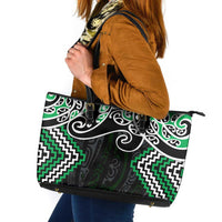 Green Aotearoa Tukutuku Manawa Tapu Leather Tote Bag Ta Moko Toi Maori LT9 Green - Polynesian Pride