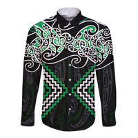 Green Aotearoa Tukutuku Manawa Tapu Long Sleeve Button Shirt Ta Moko Toi Maori LT9 Unisex Green - Polynesian Pride