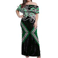 Green Aotearoa Tukutuku Manawa Tapu Off Shoulder Maxi Dress Ta Moko Toi Maori LT9 Women Green - Polynesian Pride