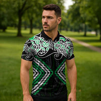 Green Aotearoa Tukutuku Manawa Tapu Zipper Polo Shirt Ta Moko Toi Maori LT9 - Polynesian Pride