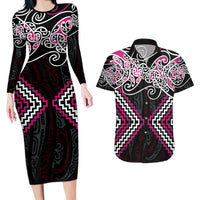 Pink Aotearoa Tukutuku Manawa Tapu Couples Matching Long Sleeve Bodycon Dress and Hawaiian Shirt Ta Moko Toi Maori LT9 Pink - Polynesian Pride