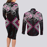 Pink Aotearoa Tukutuku Manawa Tapu Couples Matching Long Sleeve Bodycon Dress and Long Sleeve Button Shirt Ta Moko Toi Maori LT9 - Polynesian Pride