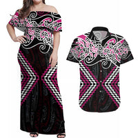 Pink Aotearoa Tukutuku Manawa Tapu Couples Matching Off Shoulder Maxi Dress and Hawaiian Shirt Ta Moko Toi Maori LT9 Pink - Polynesian Pride