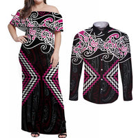 Pink Aotearoa Tukutuku Manawa Tapu Couples Matching Off Shoulder Maxi Dress and Long Sleeve Button Shirt Ta Moko Toi Maori LT9 Pink - Polynesian Pride