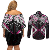 Pink Aotearoa Tukutuku Manawa Tapu Couples Matching Off Shoulder Short Dress and Long Sleeve Button Shirt Ta Moko Toi Maori LT9 - Polynesian Pride
