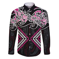 Pink Aotearoa Tukutuku Manawa Tapu Family Matching Short Sleeve Bodycon Dress and Hawaiian Shirt Ta Moko Toi Maori LT9 Dad's Shirt - Long Sleeve Pink - Polynesian Pride