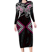 Pink Aotearoa Tukutuku Manawa Tapu Long Sleeve Bodycon Dress Ta Moko Toi Maori LT9 Long Dress Pink - Polynesian Pride
