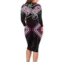 Pink Aotearoa Tukutuku Manawa Tapu Long Sleeve Bodycon Dress Ta Moko Toi Maori LT9 - Polynesian Pride