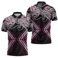 Pink Aotearoa Tukutuku Manawa Tapu Zipper Polo Shirt Ta Moko Toi Maori LT9 - Polynesian Pride