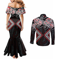 Red Aotearoa Tukutuku Manawa Tapu Couples Matching Mermaid Dress and Long Sleeve Button Shirt Ta Moko Toi Maori LT9 - Polynesian Pride