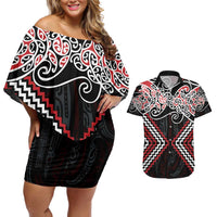 Red Aotearoa Tukutuku Manawa Tapu Couples Matching Off Shoulder Short Dress and Hawaiian Shirt Ta Moko Toi Maori LT9 Red - Polynesian Pride