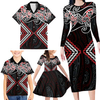 Red Aotearoa Tukutuku Manawa Tapu Family Matching Long Sleeve Bodycon Dress and Hawaiian Shirt Ta Moko Toi Maori LT9 - Polynesian Pride