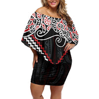 Red Aotearoa Tukutuku Manawa Tapu Off Shoulder Short Dress Ta Moko Toi Maori LT9 Women Red - Polynesian Pride