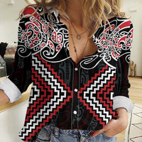 Red Aotearoa Tukutuku Manawa Tapu Women Casual Shirt Ta Moko Toi Maori LT9 Female Red - Polynesian Pride