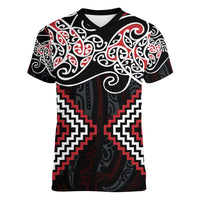 Red Aotearoa Tukutuku Manawa Tapu Women V-Neck T-Shirt Ta Moko Toi Maori LT9 Female Red - Polynesian Pride