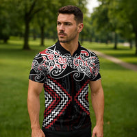 Red Aotearoa Tukutuku Manawa Tapu Zipper Polo Shirt Ta Moko Toi Maori LT9 - Polynesian Pride