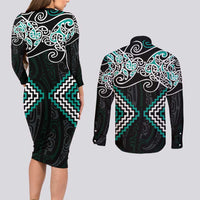 Turquoise Aotearoa Tukutuku Manawa Tapu Couples Matching Long Sleeve Bodycon Dress and Long Sleeve Button Shirt Ta Moko Toi Maori LT9 - Polynesian Pride
