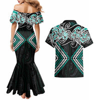 Turquoise Aotearoa Tukutuku Manawa Tapu Couples Matching Mermaid Dress and Hawaiian Shirt Ta Moko Toi Maori LT9 - Polynesian Pride