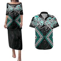 Turquoise Aotearoa Tukutuku Manawa Tapu Couples Matching Puletasi and Hawaiian Shirt Ta Moko Toi Maori LT9 Turquoise - Polynesian Pride