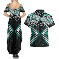 Turquoise Aotearoa Tukutuku Manawa Tapu Couples Matching Summer Maxi Dress and Hawaiian Shirt Ta Moko Toi Maori LT9 - Polynesian Pride