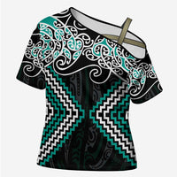 Turquoise Aotearoa Tukutuku Manawa Tapu Cross Shoulder Shirt Ta Moko Toi Maori LT9 Female Turquoise - Polynesian Pride