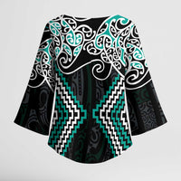 Turquoise Aotearoa Tukutuku Manawa Tapu Kimono Sleeve Blouse Ta Moko Toi Maori LT9 - Polynesian Pride