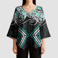 Turquoise Aotearoa Tukutuku Manawa Tapu Kimono Sleeve Blouse Ta Moko Toi Maori LT9 - Polynesian Pride