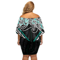 Turquoise Aotearoa Tukutuku Manawa Tapu Off Shoulder Short Dress Ta Moko Toi Maori LT9 - Polynesian Pride