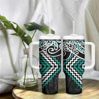Turquoise Aotearoa Tukutuku Manawa Tapu Tumbler With Handle Ta Moko Toi Maori LT9 - Polynesian Pride