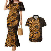 Gold Couple Dolphins Maori Polynesian Style Couples Matching Mermaid Dress and Hawaiian Shirt LT9 Gold - Polynesian Pride