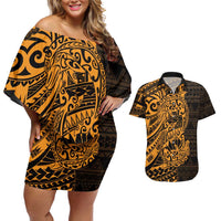 Gold Couple Dolphins Maori Polynesian Style Couples Matching Off Shoulder Short Dress and Hawaiian Shirt LT9 Gold - Polynesian Pride