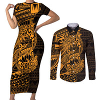 Gold Couple Dolphins Maori Polynesian Style Couples Matching Short Sleeve Bodycon Dress and Long Sleeve Button Shirt LT9 Gold - Polynesian Pride