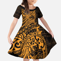 Gold Couple Dolphins Maori Polynesian Style Family Matching Off Shoulder Maxi Dress and Hawaiian Shirt LT9 Daughter's Dress Gold - Polynesian Pride