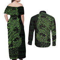 Green Couple Dolphins Maori Polynesian Style Couples Matching Off Shoulder Maxi Dress and Long Sleeve Button Shirt