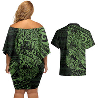 Green Couple Dolphins Maori Polynesian Style Couples Matching Off Shoulder Short Dress and Hawaiian Shirt LT9 - Polynesian Pride
