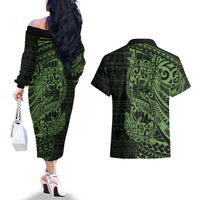 Green Couple Dolphins Maori Polynesian Style Couples Matching Off The Shoulder Long Sleeve Dress and Hawaiian Shirt LT9 - Polynesian Pride