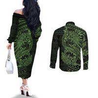 Green Couple Dolphins Maori Polynesian Style Couples Matching Off The Shoulder Long Sleeve Dress and Long Sleeve Button Shirt LT9 - Polynesian Pride