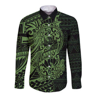 Green Couple Dolphins Maori Polynesian Style Long Sleeve Button Shirt