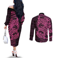 Pink Couple Dolphins Maori Polynesian Style Couples Matching Off The Shoulder Long Sleeve Dress and Long Sleeve Button Shirt LT9 - Polynesian Pride
