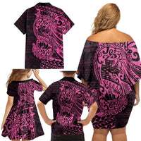 Pink Couple Dolphins Maori Polynesian Style Family Matching Off Shoulder Short Dress and Hawaiian Shirt LT9 - Polynesian Pride