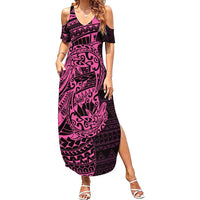 Pink Couple Dolphins Maori Polynesian Style Family Matching Summer Maxi Dress and Hawaiian Shirt LT9 Mom's Dress Pink - Polynesian Pride