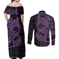 Purple Couple Dolphins Maori Polynesian Style Couples Matching Off Shoulder Maxi Dress and Long Sleeve Button Shirt