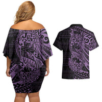 Purple Couple Dolphins Maori Polynesian Style Couples Matching Off Shoulder Short Dress and Hawaiian Shirt LT9 - Polynesian Pride