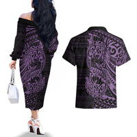 Purple Couple Dolphins Maori Polynesian Style Couples Matching Off The Shoulder Long Sleeve Dress and Hawaiian Shirt LT9 - Polynesian Pride