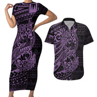 Purple Couple Dolphins Maori Polynesian Style Couples Matching Short Sleeve Bodycon Dress and Hawaiian Shirt LT9 Purple - Polynesian Pride