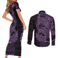 Purple Couple Dolphins Maori Polynesian Style Couples Matching Short Sleeve Bodycon Dress and Long Sleeve Button Shirt LT9 - Polynesian Pride