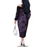 Purple Couple Dolphins Maori Polynesian Style Family Matching Off The Shoulder Long Sleeve Dress and Hawaiian Shirt LT9 - Polynesian Pride