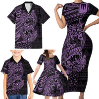 Purple Couple Dolphins Maori Polynesian Style Family Matching Short Sleeve Bodycon Dress and Hawaiian Shirt LT9 - Polynesian Pride