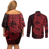 Red Couple Dolphins Maori Polynesian Style Couples Matching Off Shoulder Short Dress and Long Sleeve Button Shirt